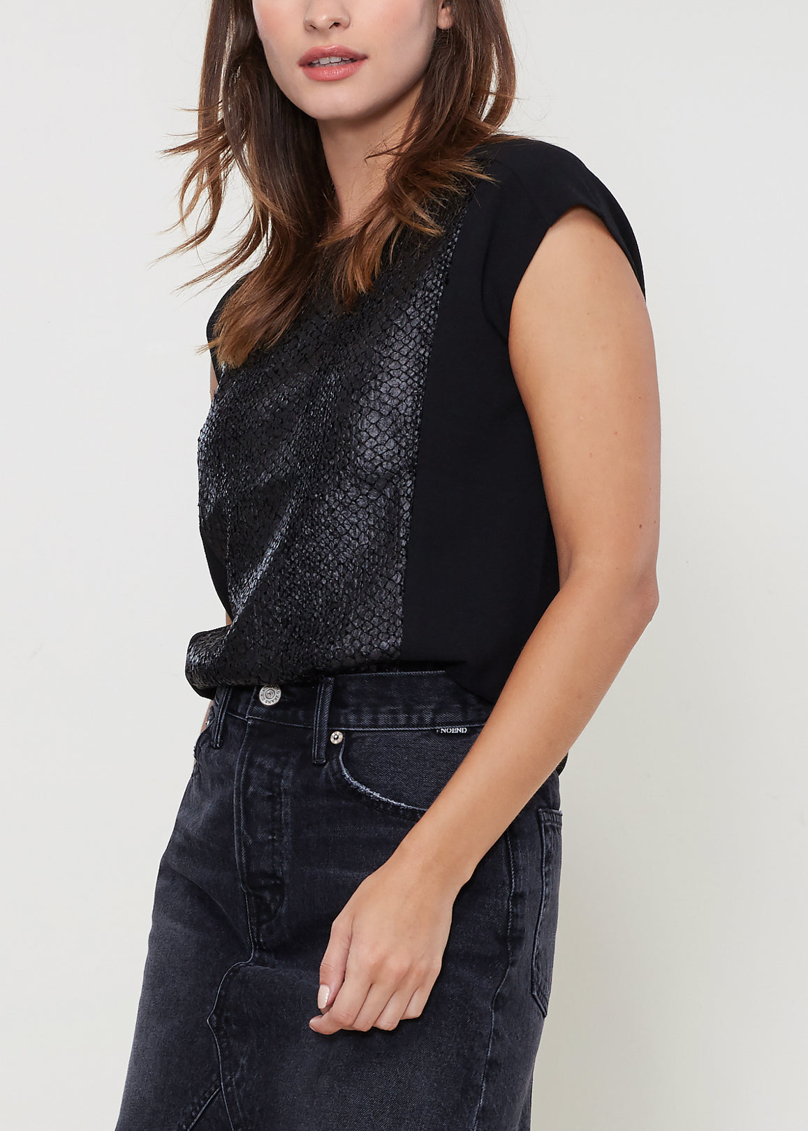 Black snake skin print cap sleeve top for women by Lemon Hera, styled as a trendy blouse or casual top.