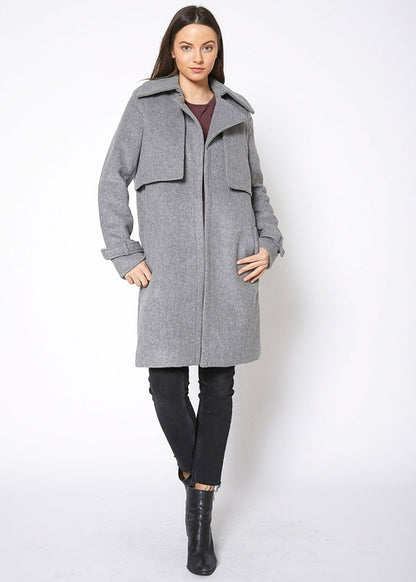 Women’s grey wool-blended overlay notch collar coat by Lemon Hera, showcasing a stylish jacket with a tailored fit.