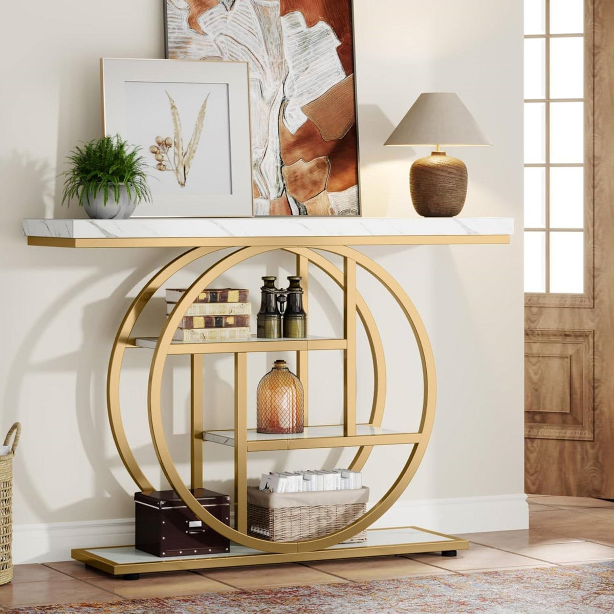 Modern Round Gold Metal Frame Foyer Console Table with White Faux Marble Shelves