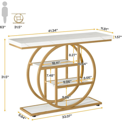 Modern Round Gold Metal Frame Foyer Console Table with White Faux Marble Shelves