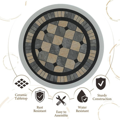 Round Ceramic Tile Outdoor Patio Bistro Table with Off White Metal Base