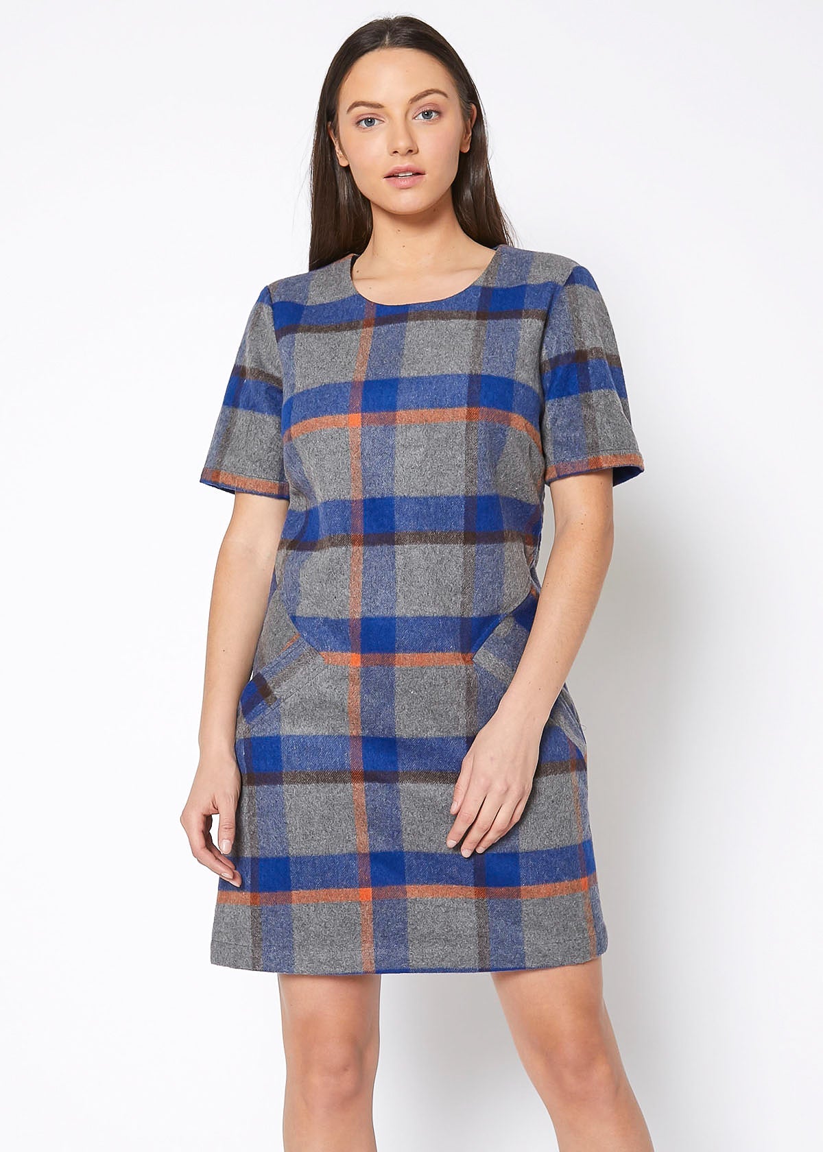 Blue Buffalo Plaid Wool Blend Tee Dress by Lemon Hera, showcasing a casual, plaid-patterned dress with a relaxed fit.
