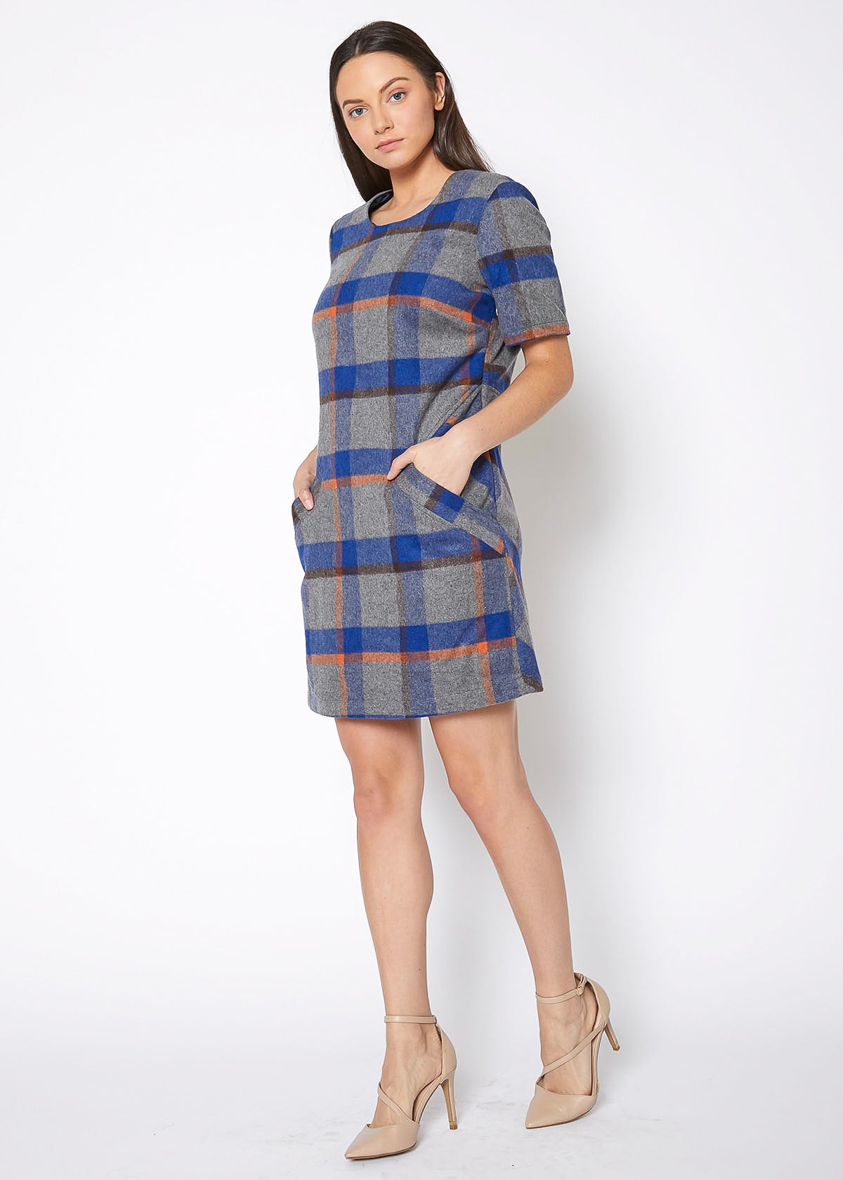Buffalo plaid wool blend tee dress by Lemon Hera, featuring a casual fit with blue and red plaid pattern and long sleeves.
