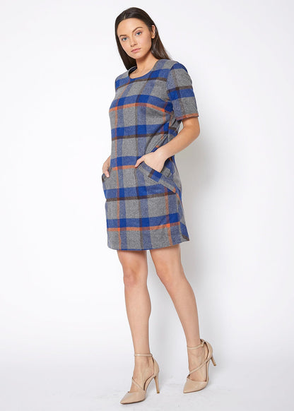 Buffalo plaid wool blend tee dress by Lemon Hera, featuring a casual fit with blue and red plaid pattern and long sleeves.