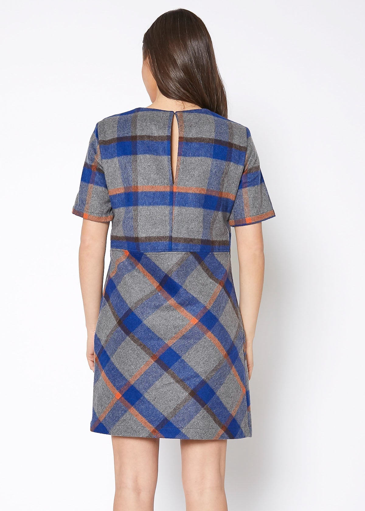 Lemon Hera Buffalo Plaid Wool Blend Tee Dress in blue, featuring a casual, comfortable fit with long sleeves and plaid pattern.