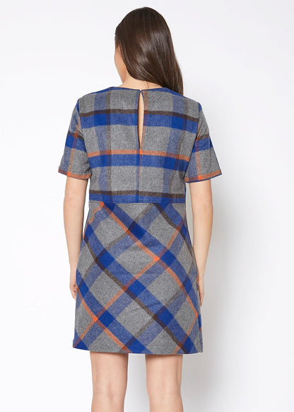 Lemon Hera Buffalo Plaid Wool Blend Tee Dress in blue, featuring a casual, comfortable fit with long sleeves and plaid pattern.