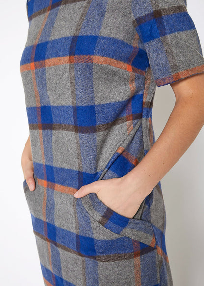 Blue buffalo plaid wool blend tee dress by Lemon Hera, casual dress with plaid pattern and relaxed fit.