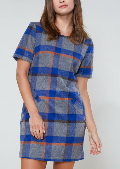 Lemon Hera buffalo plaid wool blend tee dress featuring a relaxed fit, long sleeves, and a casual, cozy style.