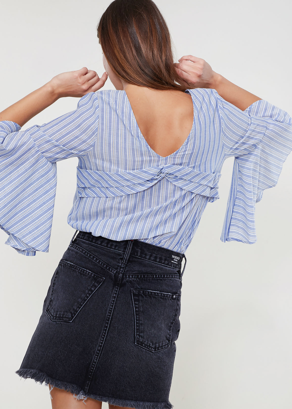 Women’s Lemon Hera 3/4 bell sleeve knot back top, stylish blouse with flowy sleeves and trendy knot detail, multi-colored fabric.