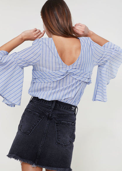 Women’s Lemon Hera 3/4 bell sleeve knot back top, stylish blouse with flowy sleeves and trendy knot detail, multi-colored fabric.