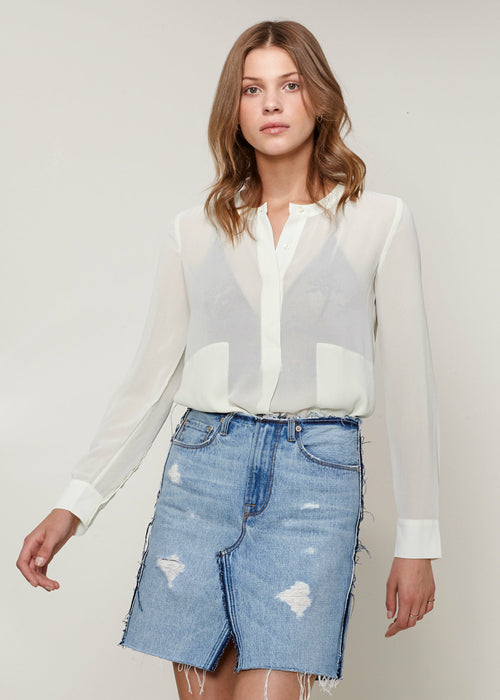 Lemon Hera sheer button-up blouse in light green, long-sleeve top with collar and front buttons, elegant and lightweight for stylish wear.