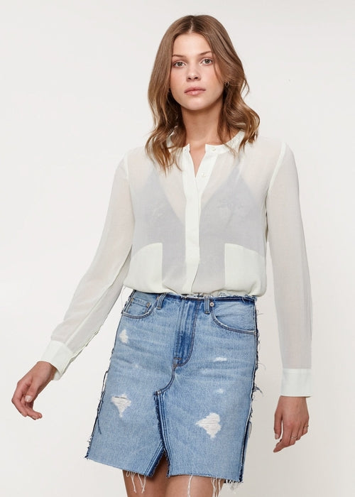 Lemon Hera sheer button-up blouse in light fabric with long sleeves and a classic collar, perfect for stylish casual wear.