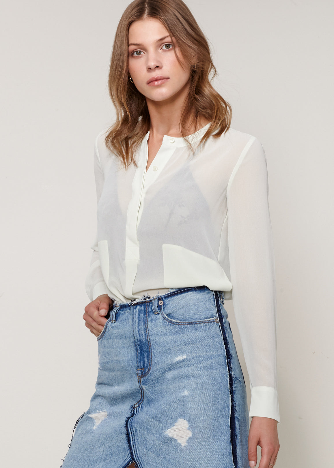 Lemon Hera sheer button-up blouse in lime, lightweight tops and blouses with long sleeves and a relaxed fit.