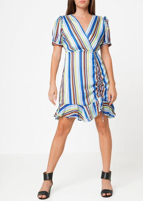 Multi-color ruched beach dress by Lemon Hera featuring a flowy, lightweight fabric and a stylish, gathered design.