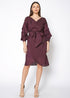 Lemon Hera burgundy organza stripe wrap dress with layered fabric and elegant design, displayed on a mannequin.