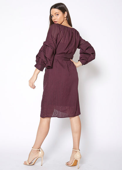 Lemon Hera burgundy organza stripe wrap dress with long sleeves and a fitted waist, elegant and stylish for special occasions.