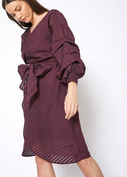 Lemon Hera burgundy organza stripe wrap dress displayed on a hanger with a fitted silhouette and elegant design.
