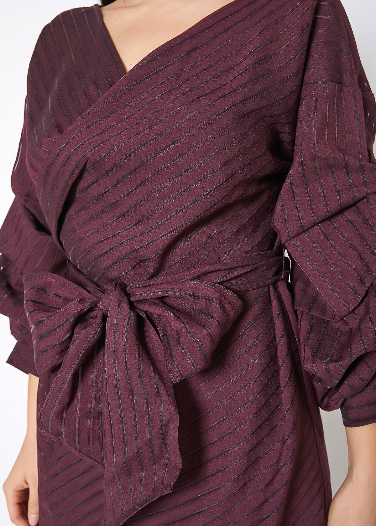 Lemon Hera burgundy organza stripe wrap dress with long sleeves and elegant design, perfect for formal or special occasions.