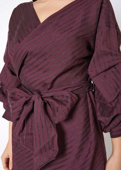 Lemon Hera burgundy organza stripe wrap dress with long sleeves and elegant design, perfect for formal or special occasions.