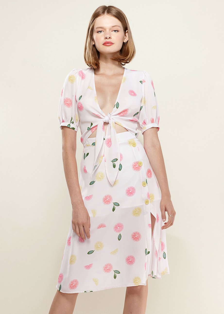 Lemon Hera fruit punch tie-front blouse with open front and tie hem, in vibrant fruit punch color, perfect for casual wear.