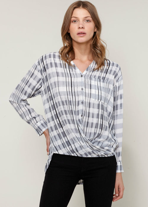 Gray Printed Wrap Hem Blouse from Lemon Hera, stylish tops and blouses with a flattering wrap hem design.