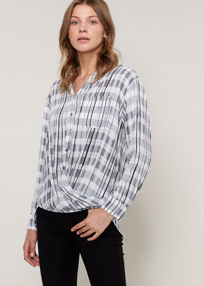 Gray printed wrap hem blouse from Lemon Hera, stylish tops and blouses with a flowy wrap design.