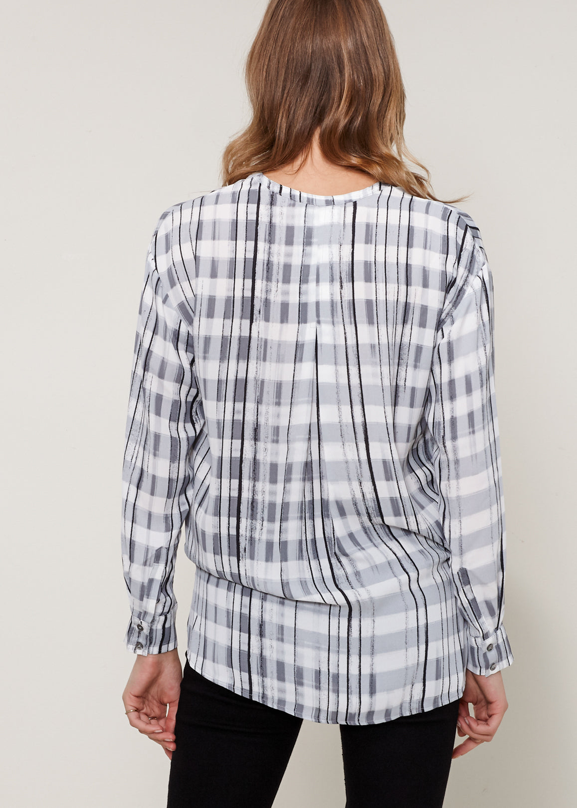 Gray printed wrap hem blouse from Lemon Hera, stylish tops and blouses with a fashionable wrap design.