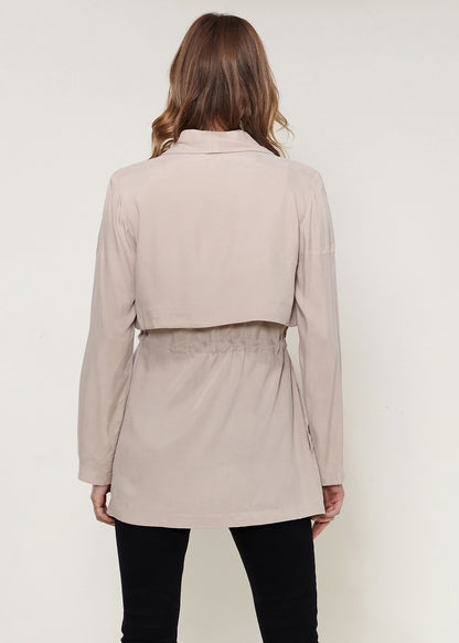 Lemon Hera Ro&amp;de Noir open front taupe jacket with long sleeves and relaxed fit, perfect for casual and layered looks.