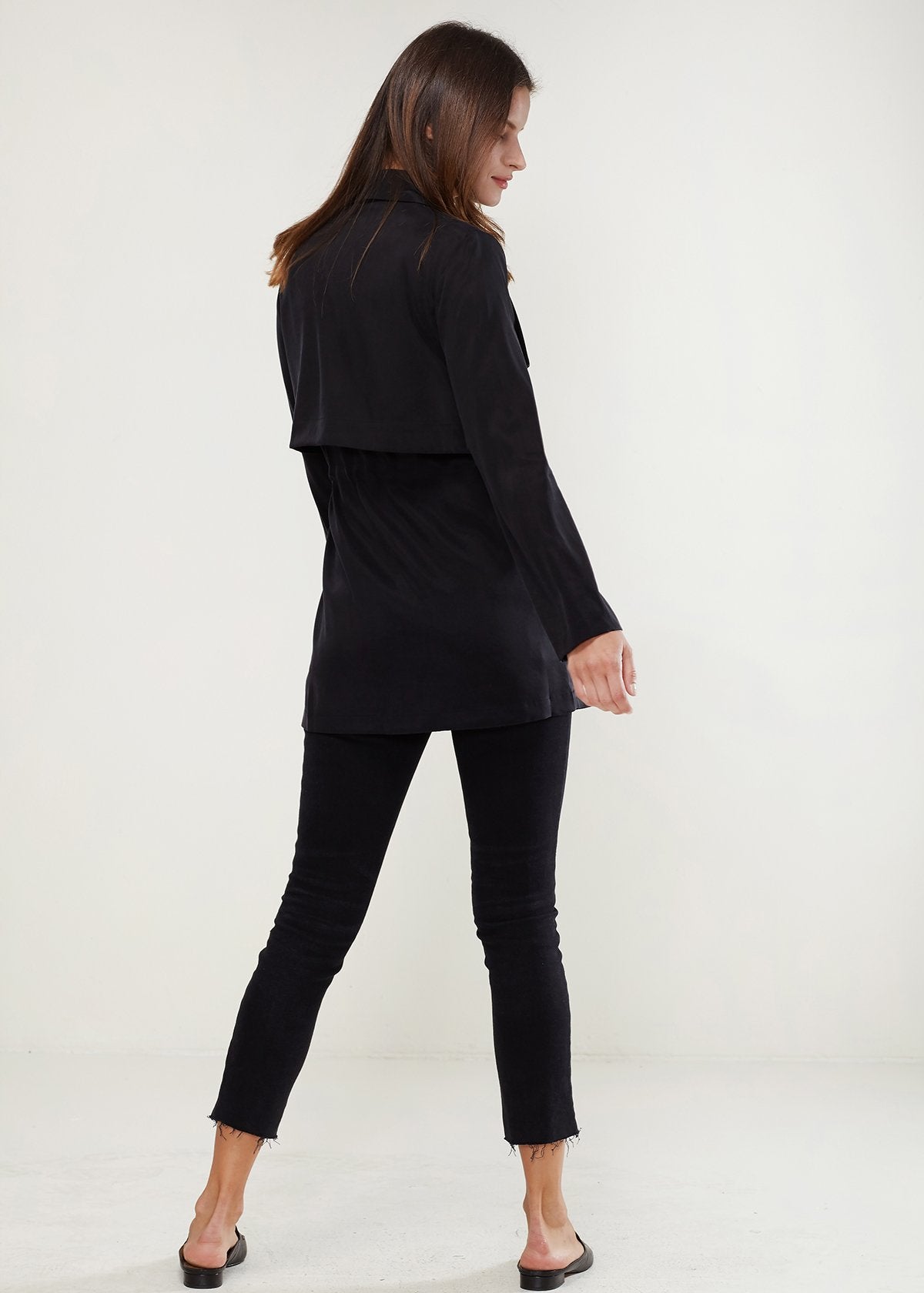 Black Ro&amp;de Noir open front jacket by Lemon Hera, shown on a model with a relaxed fit and stylish design.