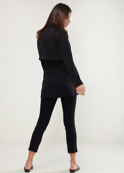 Black Ro&amp;de Noir open front jacket by Lemon Hera, shown on a model with a relaxed fit and stylish design.
