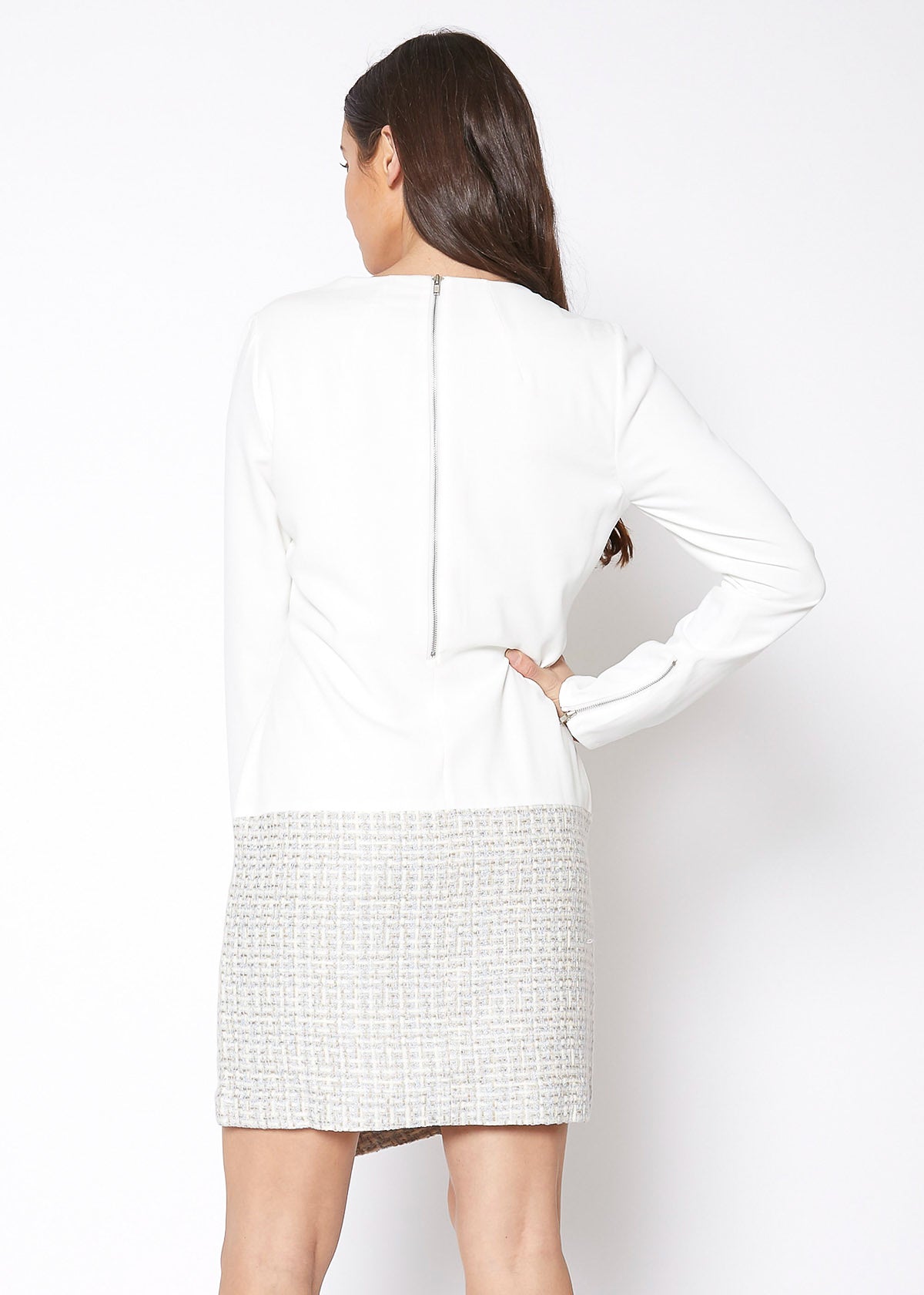 Ivory tweed hem faux wrap dress by Lemon Hera, featuring a stylish wrap design and textured fabric.