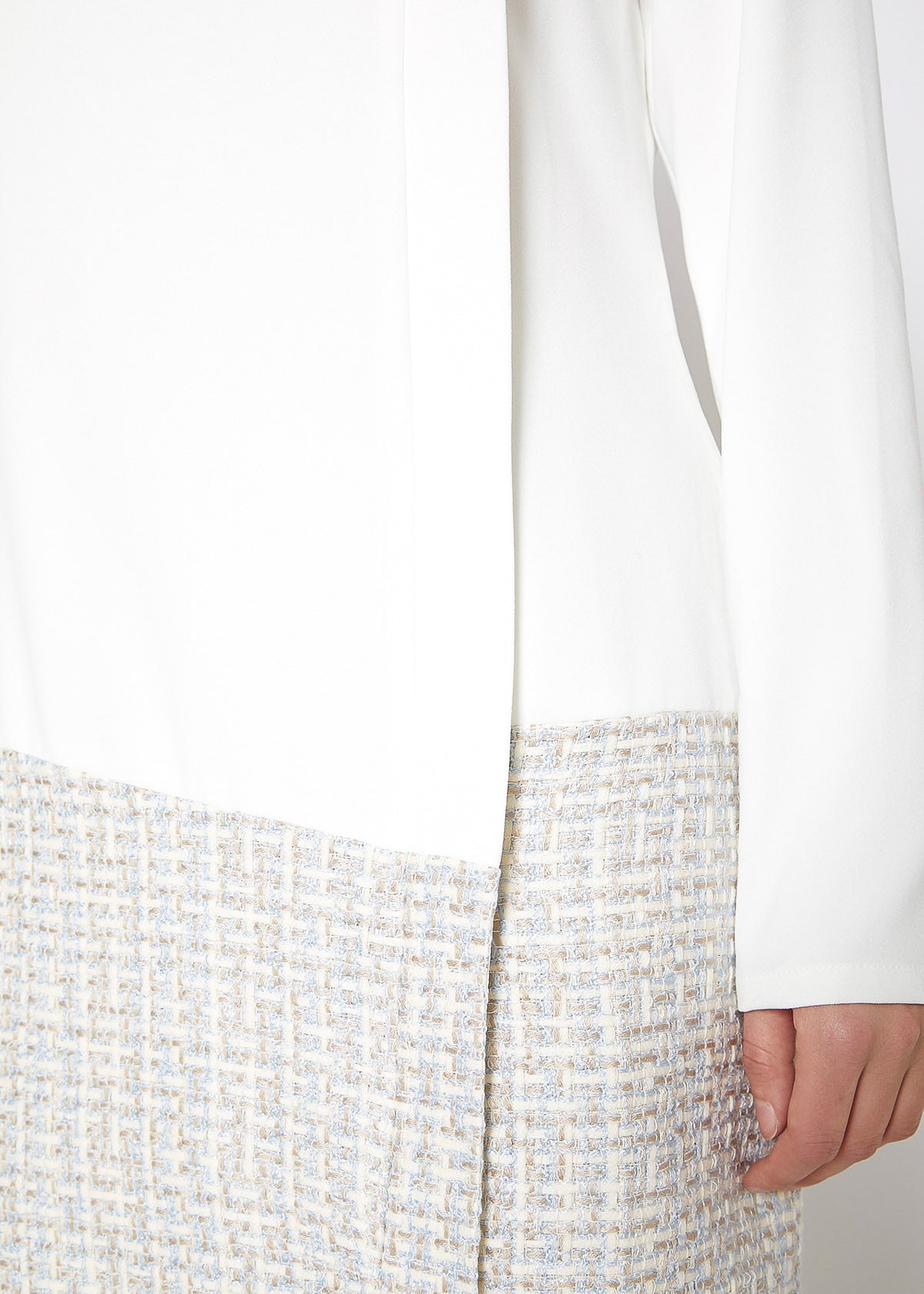 Ivory tweed hem faux wrap dress by Lemon Hera, featuring a stylish wrap design and textured fabric, perfect for elegant occasions.
