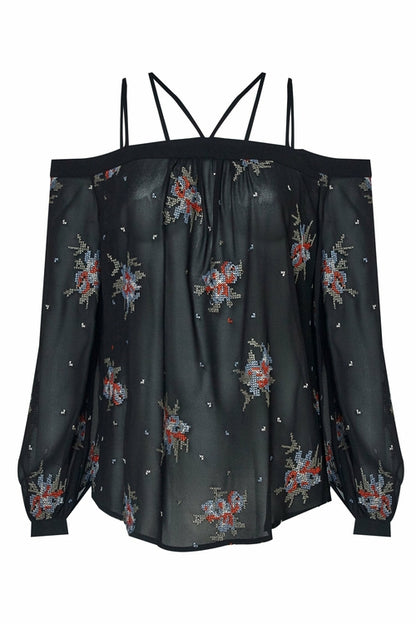 Black off-shoulder blouse with embroidery print from Lemon Hera, featuring a stylish, flowy design perfect for casual and dressy occasions.