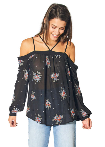 Black off-shoulder embroidery print blouse by Lemon Hera, featuring stylish design and intricate embroidery details.