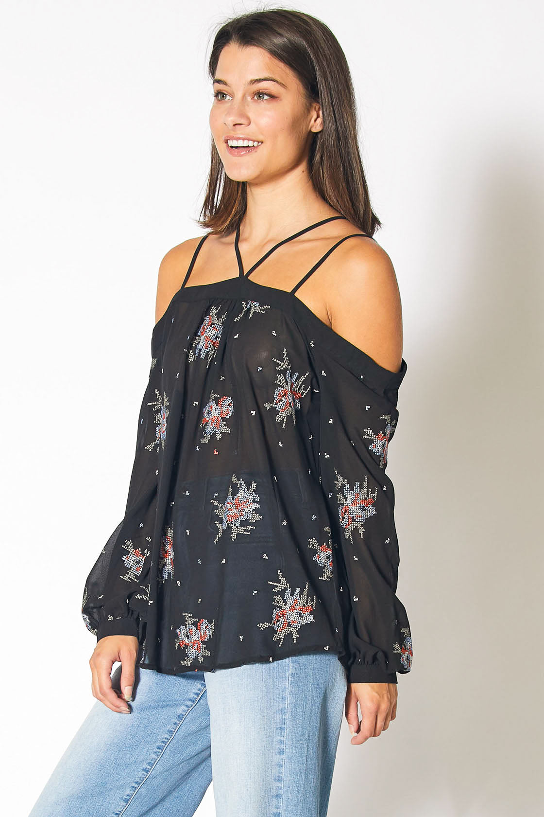 Black off-shoulder blouse with embroidery print from Lemon Hera, featuring a stylish and feminine design.