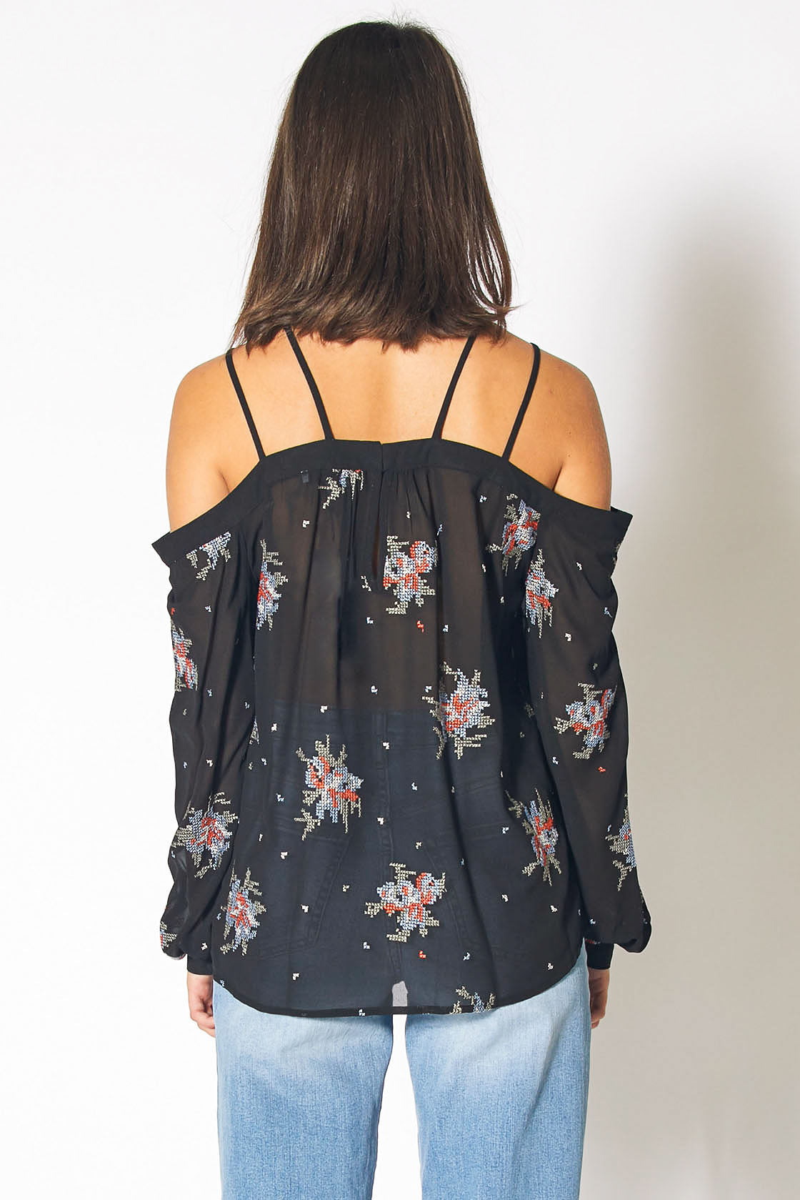 Black off-shoulder blouse with embroidery print from Lemon Hera, featuring a stylish and feminine design in the Tops &amp; Blouses category.