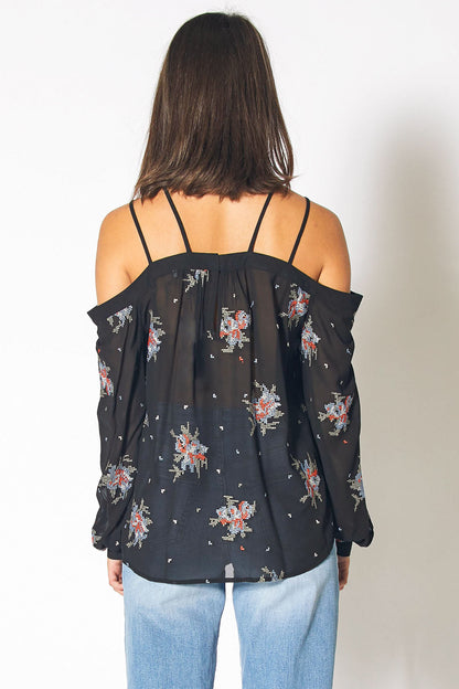 Black off-shoulder blouse with embroidery print from Lemon Hera, featuring a stylish and feminine design in the Tops &amp; Blouses category.