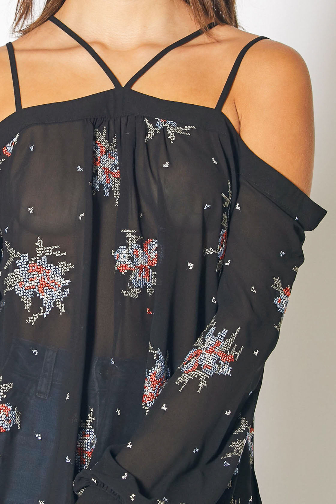 Black off-shoulder embroidery print blouse from Lemon Hera, stylish tops and blouses with intricate detailing.