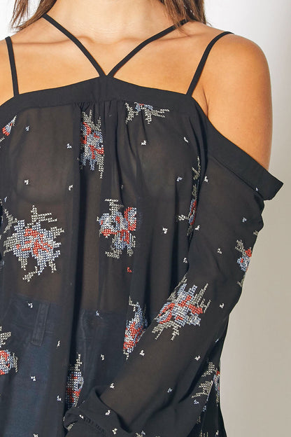 Black off-shoulder embroidery print blouse from Lemon Hera, stylish tops and blouses with intricate detailing.