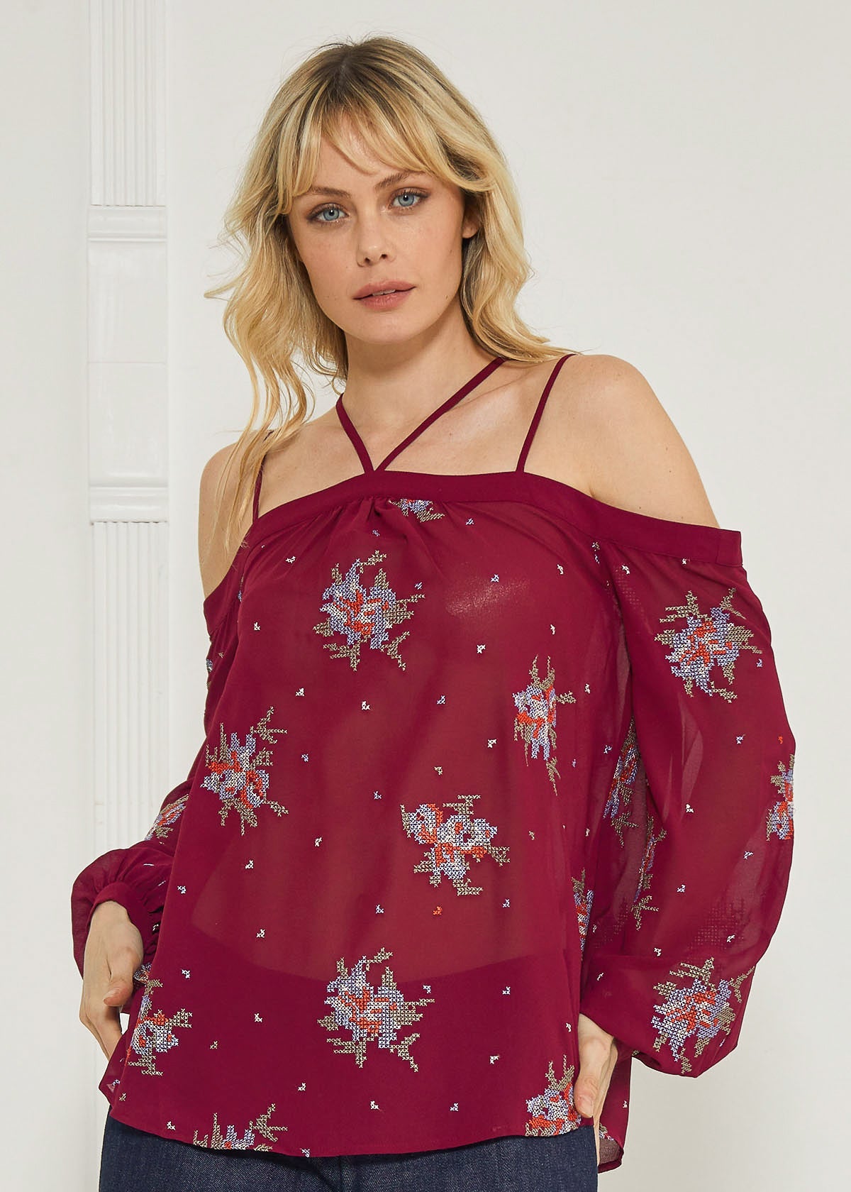 Off-shoulder embroidery print blouse in burgundy from Lemon Hera, featuring lightweight fabric and stylish design.