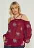 Off shoulder embroidery print blouse in burgundy from Lemon Hera, featuring intricate design and feminine style.