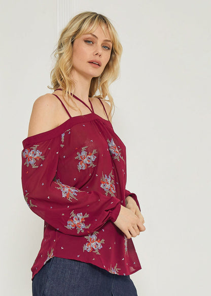 Off-shoulder embroidery print blouse in burgundy by Lemon Hera, featuring intricate floral embroidery and a relaxed fit.