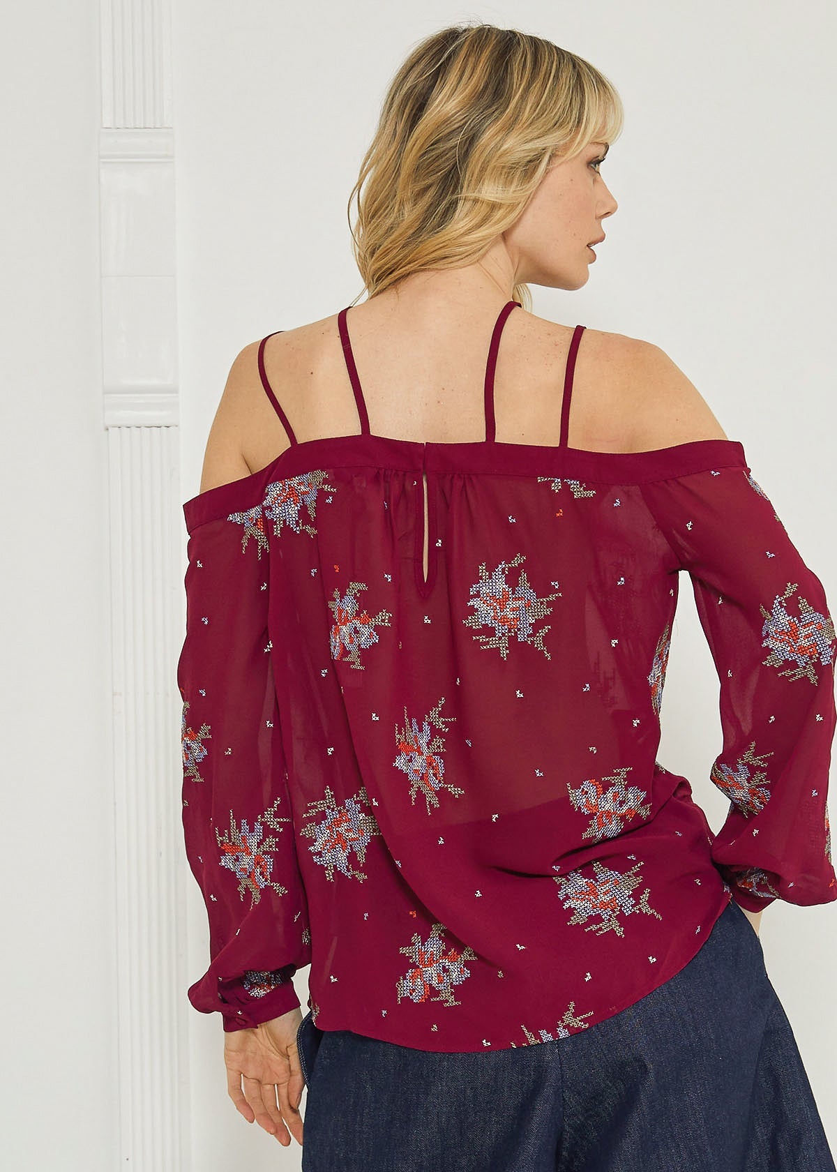 Off shoulder embroidery print blouse in burgundy by Lemon Hera, featuring floral embroidery and a relaxed fit.