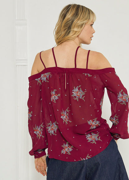 Off shoulder embroidery print blouse in burgundy by Lemon Hera, featuring floral embroidery and a relaxed fit.