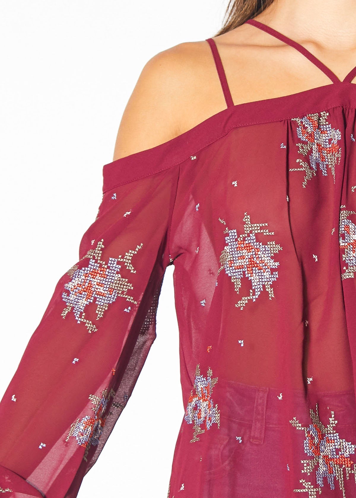 Lemon Hera off-shoulder embroidery print blouse in burgundy, featuring floral design and lightweight fabric, perfect for casual wear.