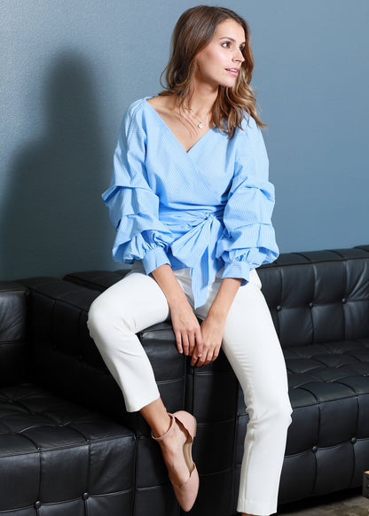 Blue gathered sleeve wrap blouse by Lemon Hera, featuring a stylish design and feminine silhouette, perfect for casual or office wear.
