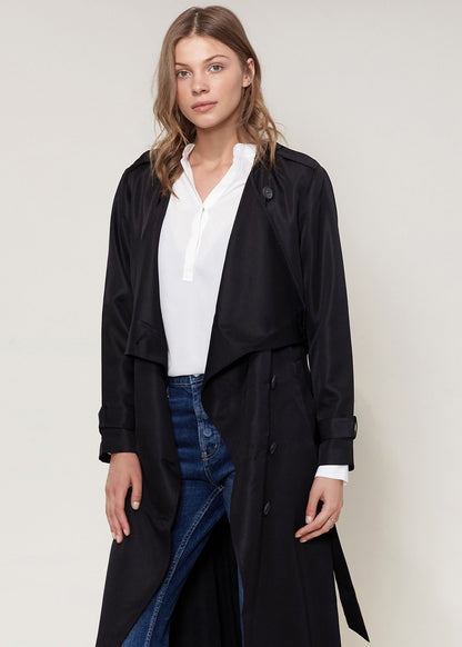 Black Ro &amp; De tie waist maxi trench coat by Lemon Hera, stylish long jacket with belt and classic trench design.