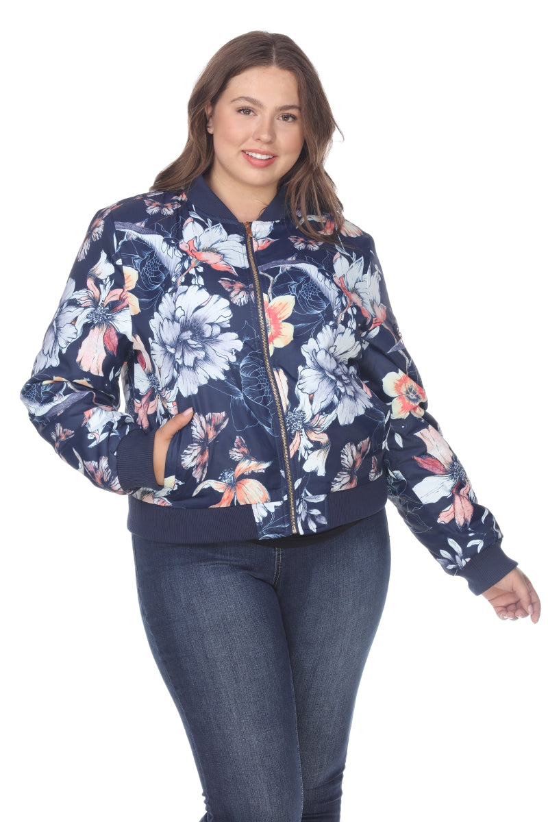 White floral bomber jacket for women in plus size by Rose Chloe, featuring a stylish and comfortable design.