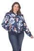 White floral bomber jacket for women in plus size by Rose Chloe, featuring a stylish and comfortable design.