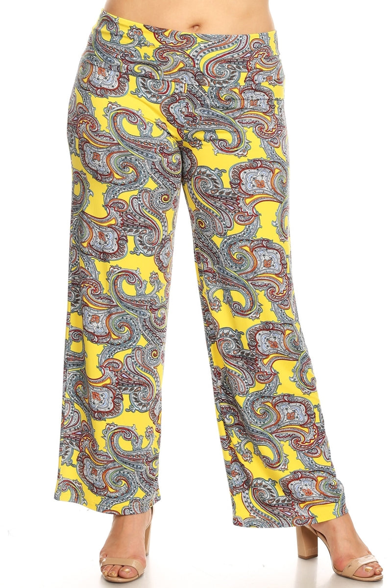 White Rose Chloe plus size paisley printed palazzo pants for women, featuring comfortable wide-leg design and stylish pattern.